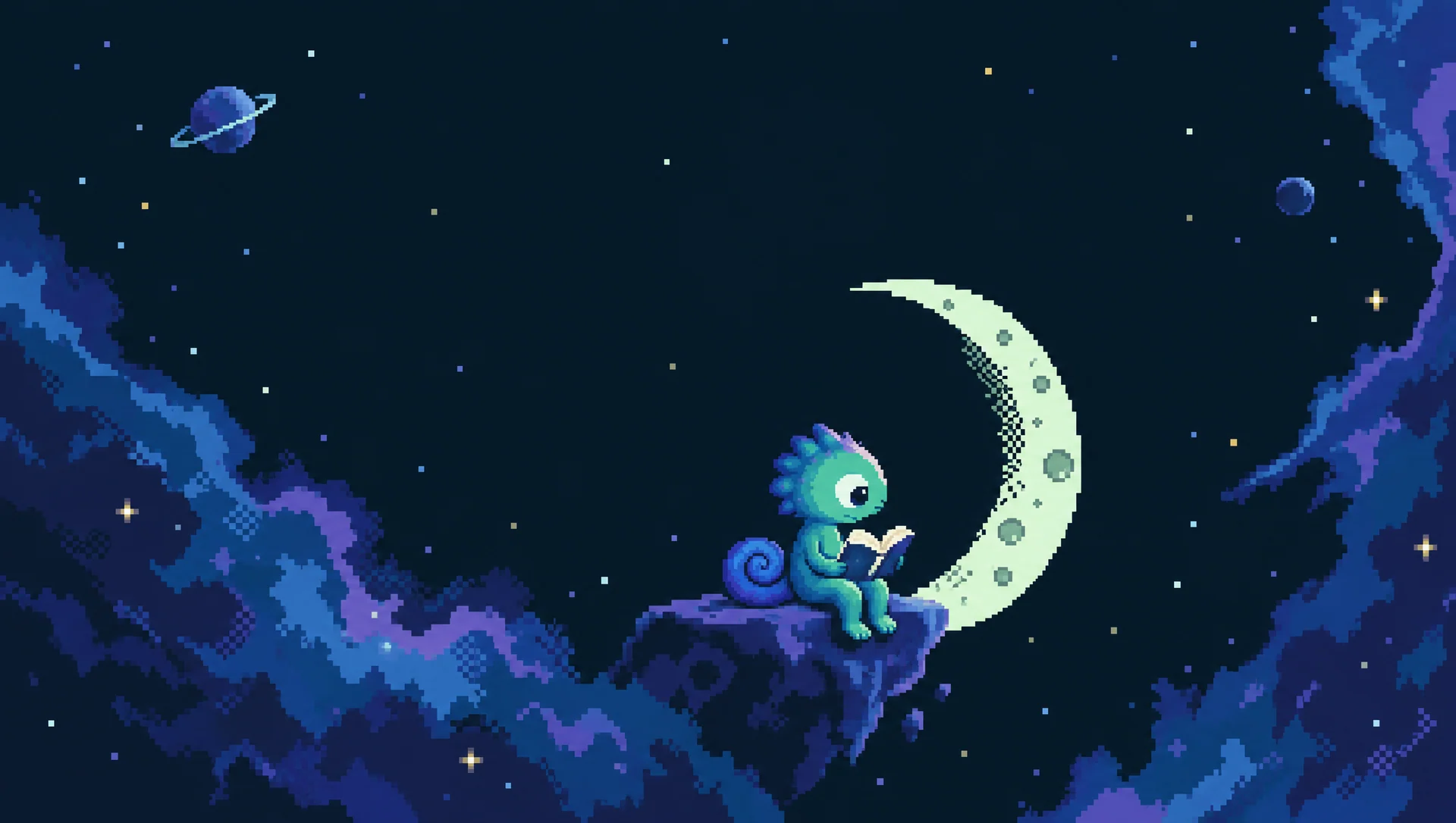 Cosmo reads beside a crescent moon in a quiet pixel-art universe.