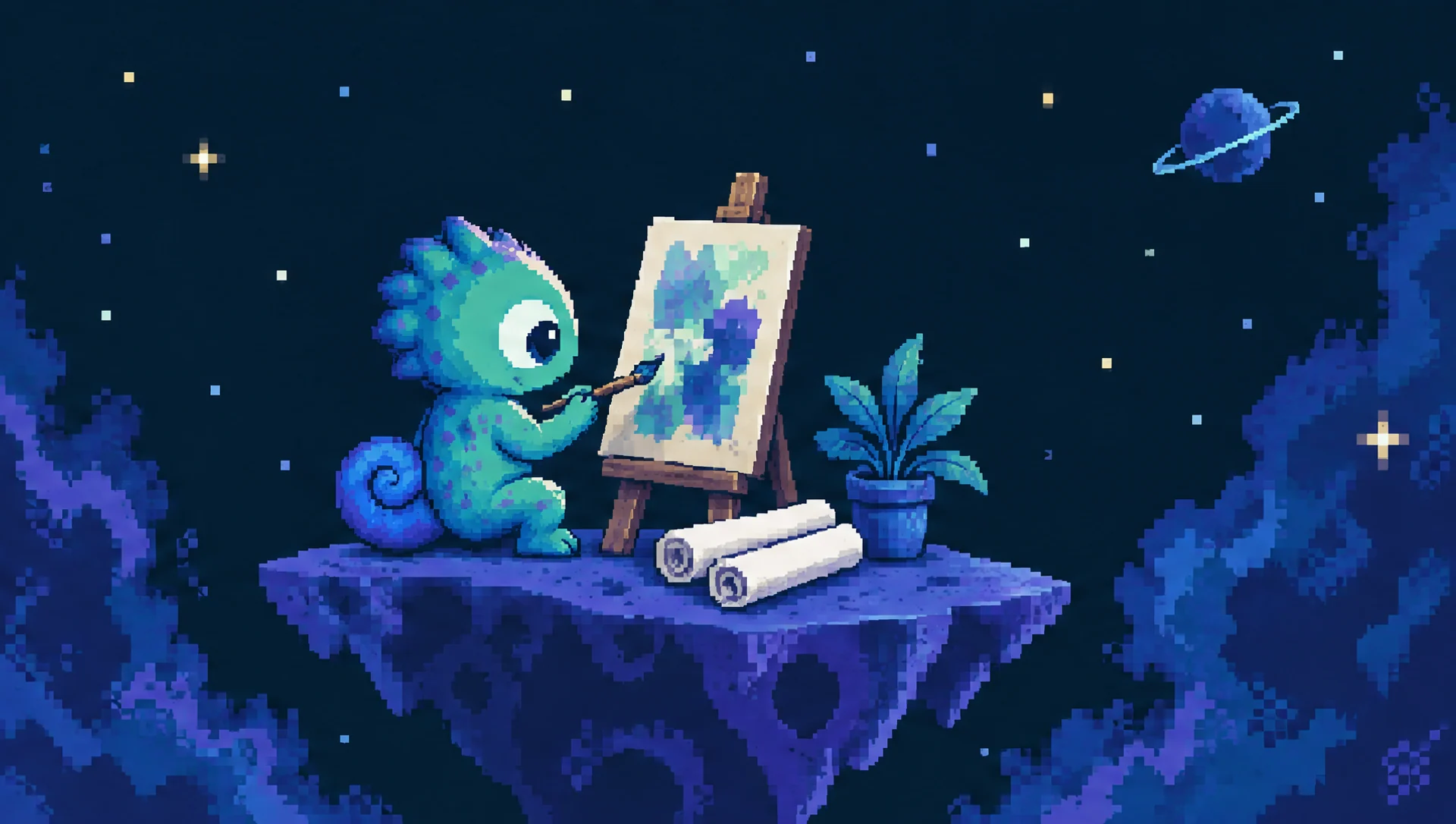 Cosmo in a spare creative studio on a moon ledge.