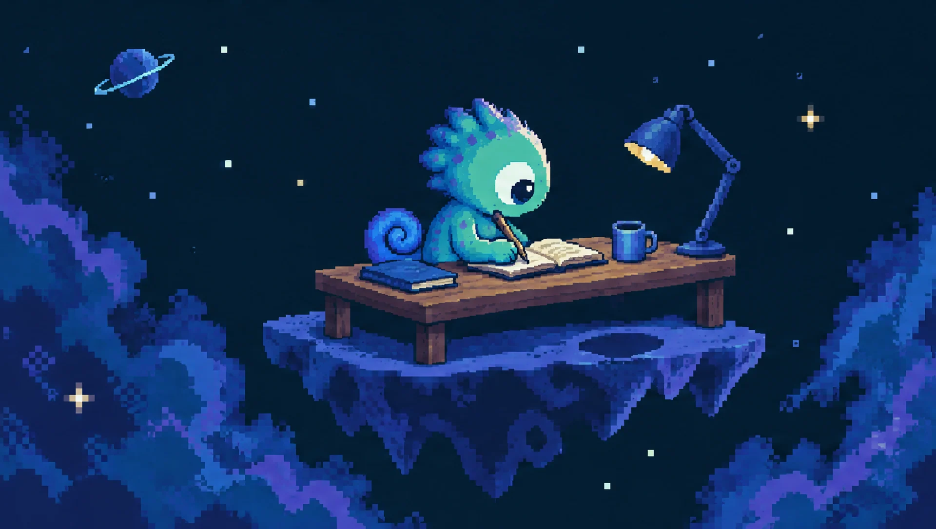 Cosmo in a quiet floating work space.